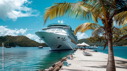 A majestic cruise ship anchored at a tropical port, offering passengers a luxurious and comfortable mode of transport for leisurely voyages. photo