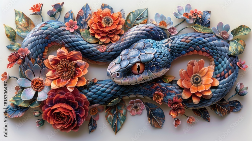 Beautiful snake in flower. Exotic dangerous reptile. Symbol of the New Year according to the Chinese calendar.