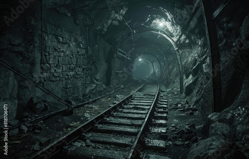 Train track passing through dark tunnel