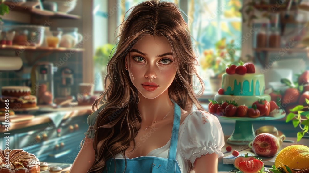 Woman in blue dress standing in front of cake Woman in blue dress standing in front of cake
