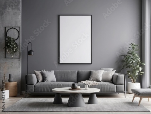 blank poster frame in classic gray interior with modern furniture, Minimalist style home interior design