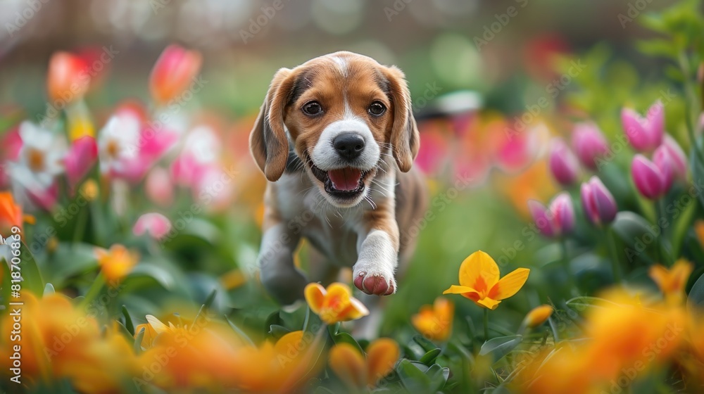 Beagle puppy running in field of flowers