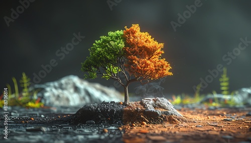 A vibrant tree with half green and half orange leaves stands in a detailed landscape, reflecting the contrast between seasons. photo