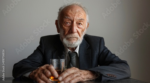 Old man sitting at table with glass of whiskey photo