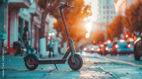 A modern electric scooter parked on a bustling sidewalk, providing a convenient and eco-friendly way for urban dwellers to navigate city streets. photo