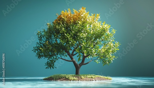 A solitary tree with vibrant green and yellow leaves standing on a small grassy island surrounded by calm water under a blue sky.