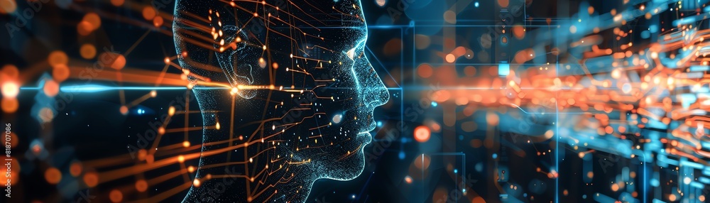 Generate an image of a glowing blue and orange wireframe head. The head should be in profile and surrounded by a dark blue background with bright orange and blue lights. Generate an image of a glowing blue and orange wireframe head. The head should be in profile and surrounded by a dark blue background with bright orange and blue lights.