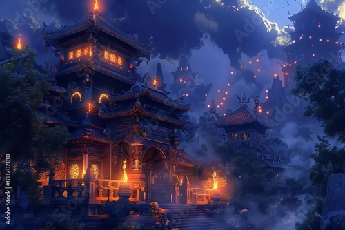 buddhist temple sacred carvings dusk oil lamps clouds sky atmosphere spiritual culture digital painting 