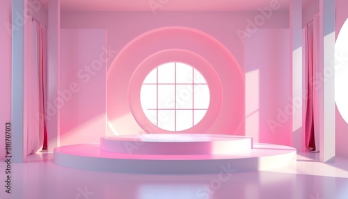 The image is a 3D rendering of a pink room with a circular window and a pink podium in the center