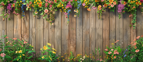 wooden garden fence adorned with colorful flowers and fragrant herbs 