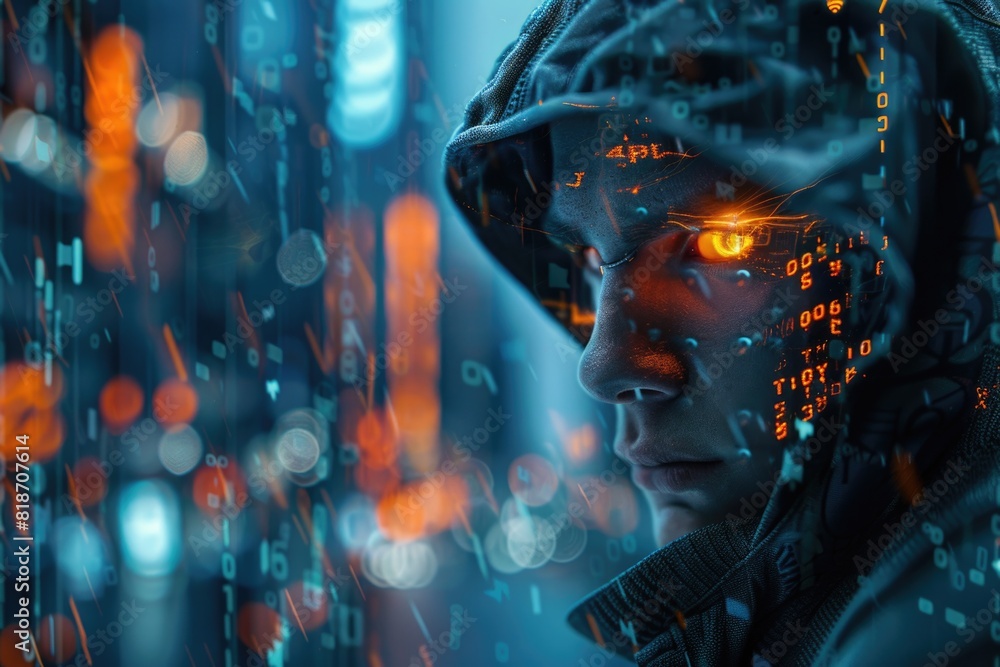 Man in hoodie with glowing lights on face Man in hoodie with glowing lights on face