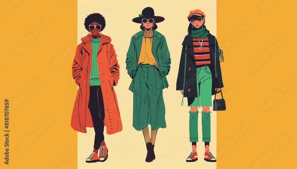 Three fashionable young women of color are posing in stylish outfits