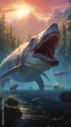 A giant megalodon shark swims in a lake with mountains in the background