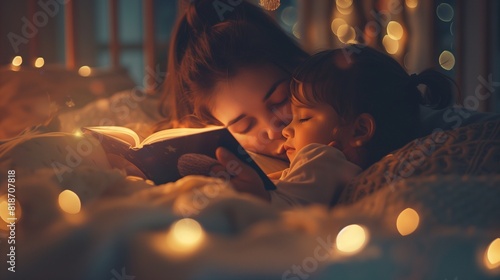 A parent gently kissing their child goodnight, tucking them into bed with a storybook and a soft lullaby, illustrating a bond filled with care and affection. photo