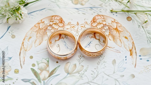 Two gold wedding rings, a wedding card with calligraphic handwriting, a wedding invitation, an engagement greeting card, a golden wedding, rings on a white background for copying lie side by side on a