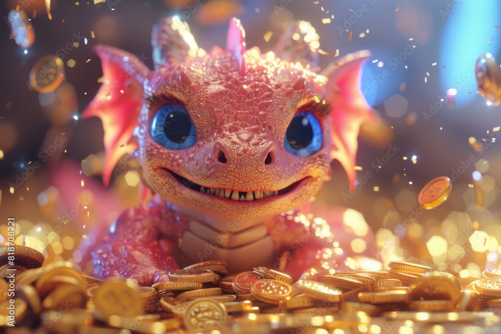 Toy dragon on pile of gold coins Toy dragon on pile of gold coins