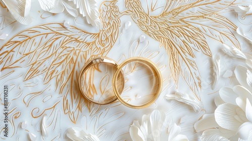 Two gold wedding rings, a wedding card with calligraphic handwriting, a wedding invitation, an engagement greeting card, a golden wedding, rings on a white background for copying lie side by side on a