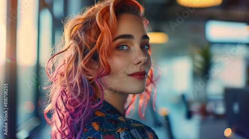 Woman With Pink Hair Looking Into Distance