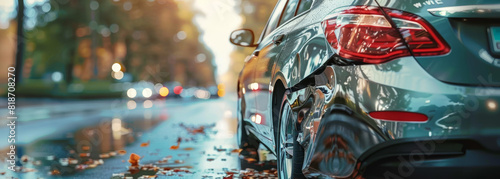 A car is parked on a wet road with leaves on the ground. The car is in the middle of the road and has a damaged rear end photo