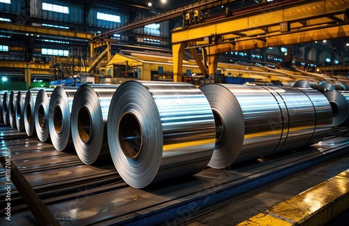 Steel rolls moving on conveyor belt in factory