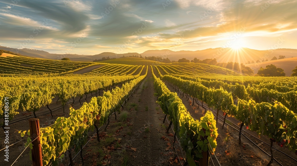 A picturesque vineyard landscape at sunrise, with the soft light casting a warm glow on rows of grapevines, embodying the tranquility and promise of a new day in wine country.