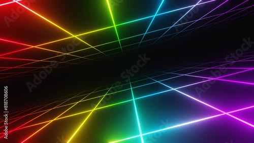3d retro neon rainbow abstract background with laser lines. Synthwave grid videogame style. Vj futuristic sci-fi 80s 90s y2k wireframe net. Disco music template LGBT Pride	. Loop animation 30fps 4k
