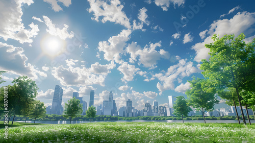 a city park with a sun shining through the trees.