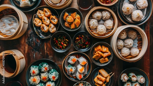 A platter of assorted dim sum delicacies, including steamed dumplings, crispy spring rolls, and fluffy bao buns, offering a taste of traditional Chinese cuisine.