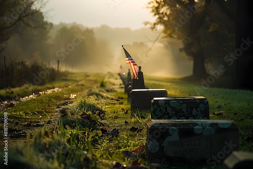 Military Tribute in a Soft Morning Light Rows of American Flags Adorning Soldiers Graves in a Vast Green Field photo