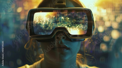 Conceptual image of simulation with virtual reality goggles displaying an alternate universe, hyperreal photo