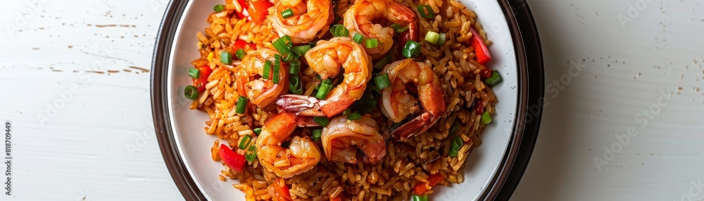 Directly above, a plate of shrimp fried rice rests on a white surface, isolated for viewing Directly above, a plate of shrimp fried rice rests on a white surface, isolated for viewing