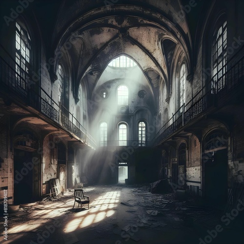 Atmospheric, abandoned asylum, overtaken by shadows, urban exploration photography © Alper