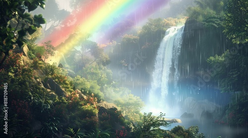 A rainbow emoji arcing across a misty waterfall in a lush green forest.