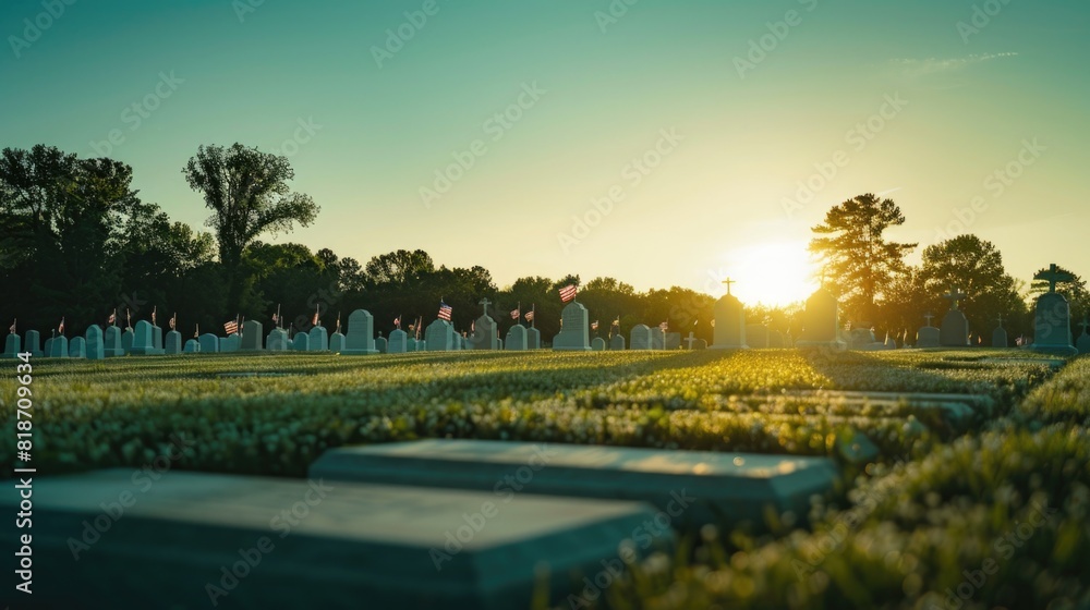 Peaceful Sunset at the National Cemetery with American Flags