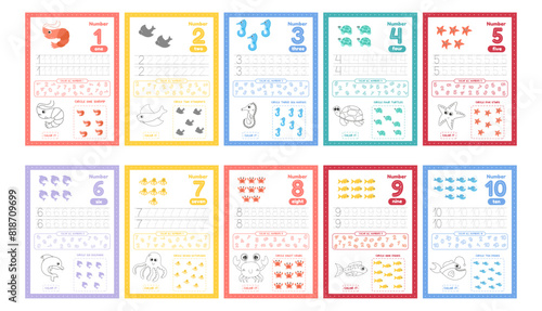 Activity worksheets for kids education with many exercises. Learning numbers from 1 to 10. Trace, color, dot to dot on one page