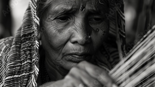 Pensive Elderly Woman with Wrinkled Face in Monochrome photo