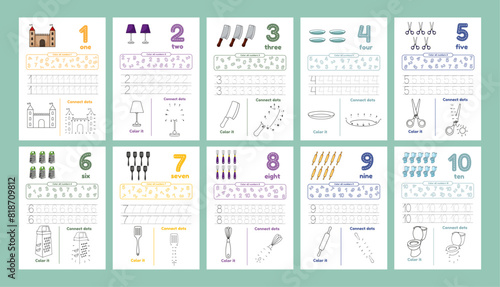 Activity worksheets for kids education with many exercises. Learning numbers from 1 to 10. Trace, color, dot to dot on one page
