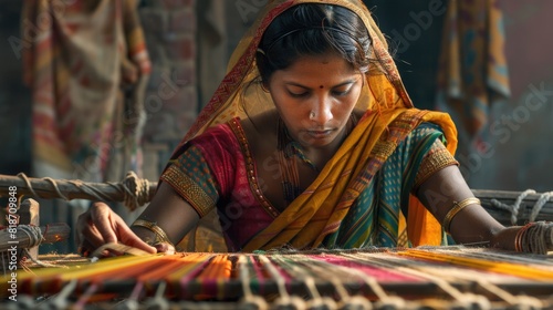 Traditional Indian Weaver Crafting on Handloom in Village Setting photo