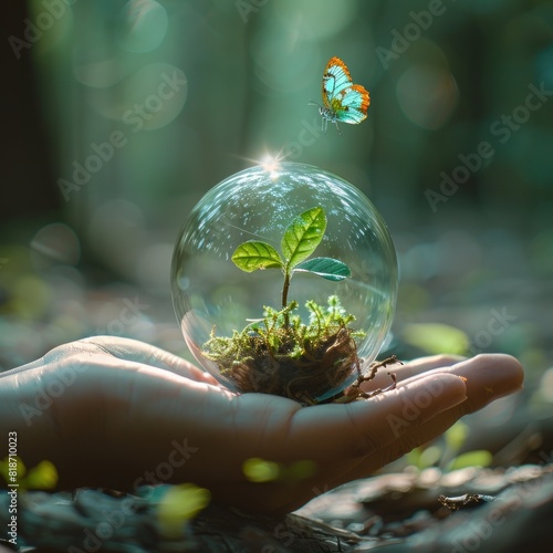 Hand holding green planet earth bulb with tree and butterfly, blurred spring green nature background, concept for environmental protection or climate change for ecology teamwork banner