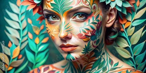 wallpaper, background, Makeup leaves, origami, paper, beautiful woman with body art, wallpaper, idea, body paint,