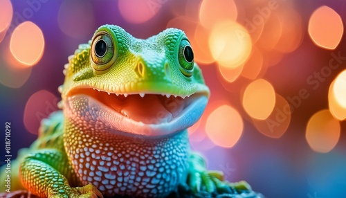 Grinning with pride. The background features a smooth  light colorful bokeh