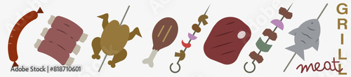 Grilled meat. Everything for the grill colored icons. Grill vector icons. Barbecue grill.