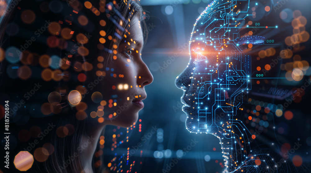 Young Woman Interacts Intently with a Futuristic Holographic Interface, Highlighting Advanced Technology and Human Engagement Young Woman Interacts Intently with a Futuristic Holographic Interface, Highlighting Advanced Technology and Human Engagement