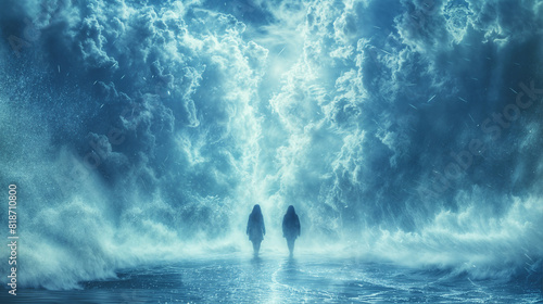 Two Figures Walking into a Dramatic Ice Storm with Powerful Waves and a Surreal, Icy Blue Sky, Capturing the Force of Nature photo