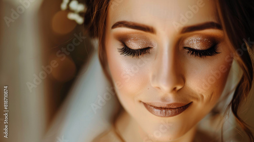 A woman with gold eye shadow and a gold headband. She is smiling. The image has a warm and happy mood photo