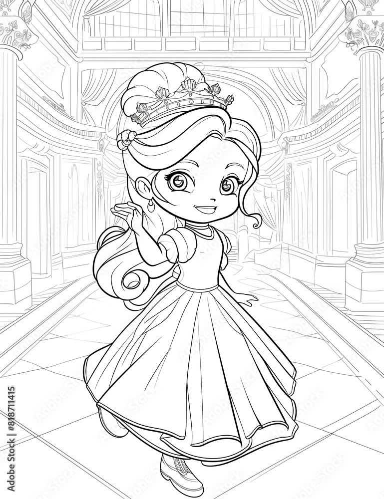 Fototapeta premium Coloring book page for children showcasing a chibi-style pretty princess joyfully twirling in a grand palace hall, dressed in a tiara and a flowing gown. The princess is depicted holding her dress 