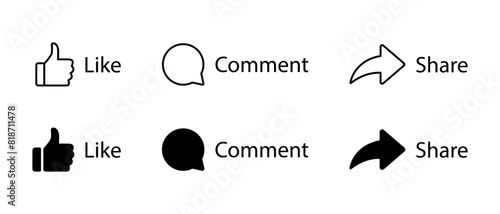 Like, comment, and share icon in generic style. Social media communication post elements