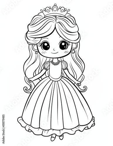 Coloring book page for children showcasing a chibi-style pretty princess joyfully twirling in a grand palace hall, dressed in a tiara and a flowing gown. The princess is depicted holding her dress 