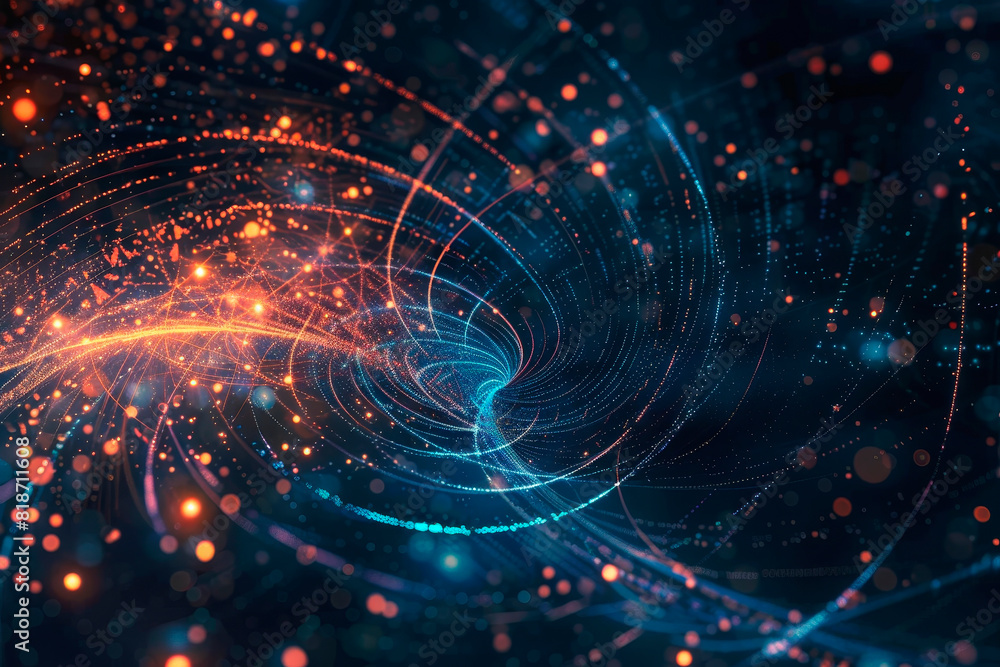 A futuristic digital landscape with concentric circles and geometric patterns in blue and orange. A futuristic digital landscape with concentric circles and geometric patterns in blue and orange.