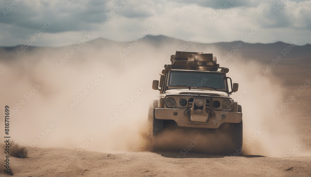 Fototapeta premium A 4x4 vehicle navigating a dessert, kicking up clouds of dust 